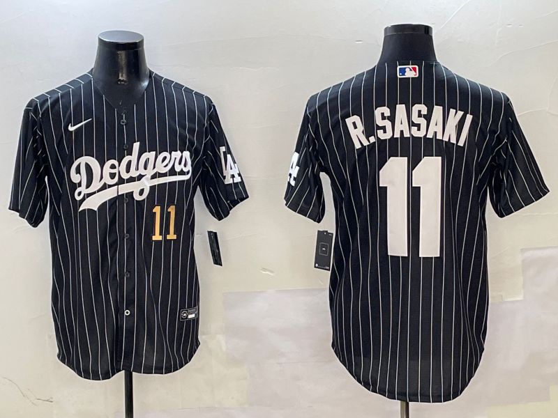 Men Los Angeles Dodgers #11 R.Sasaki Black Stripe Jointly Name 2025 Nike MLB Jersey style 11